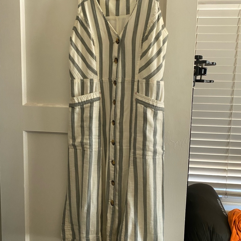 Maeve Blue and White Striped Midi Dress